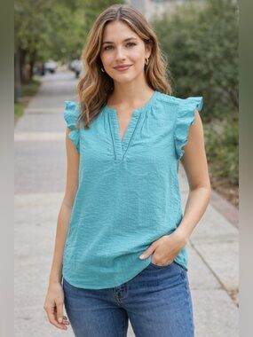 Liz Claiborne Aqua Blue Textured Cotton Blouse Size L Flutter Sleeve Top #Spring